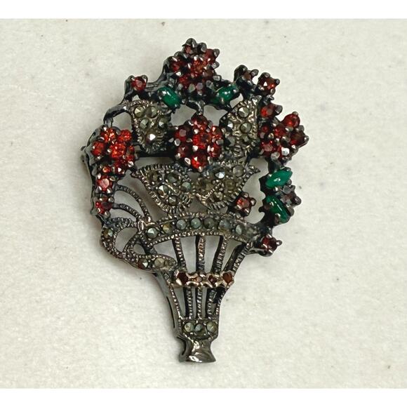 Vintage Sterling Brooch Pendant Flower Basket Marcasite-Garnet-Green Quartz Pin - Picture 4 of 15